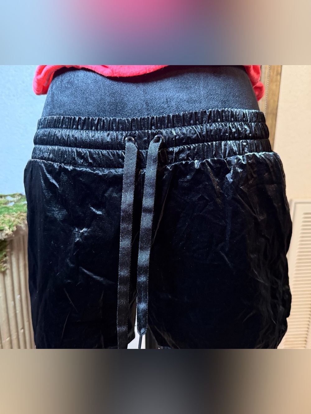 ZYIA Active Shiny Black Metallic Drawstring Running Athletic Shorts •Size L•